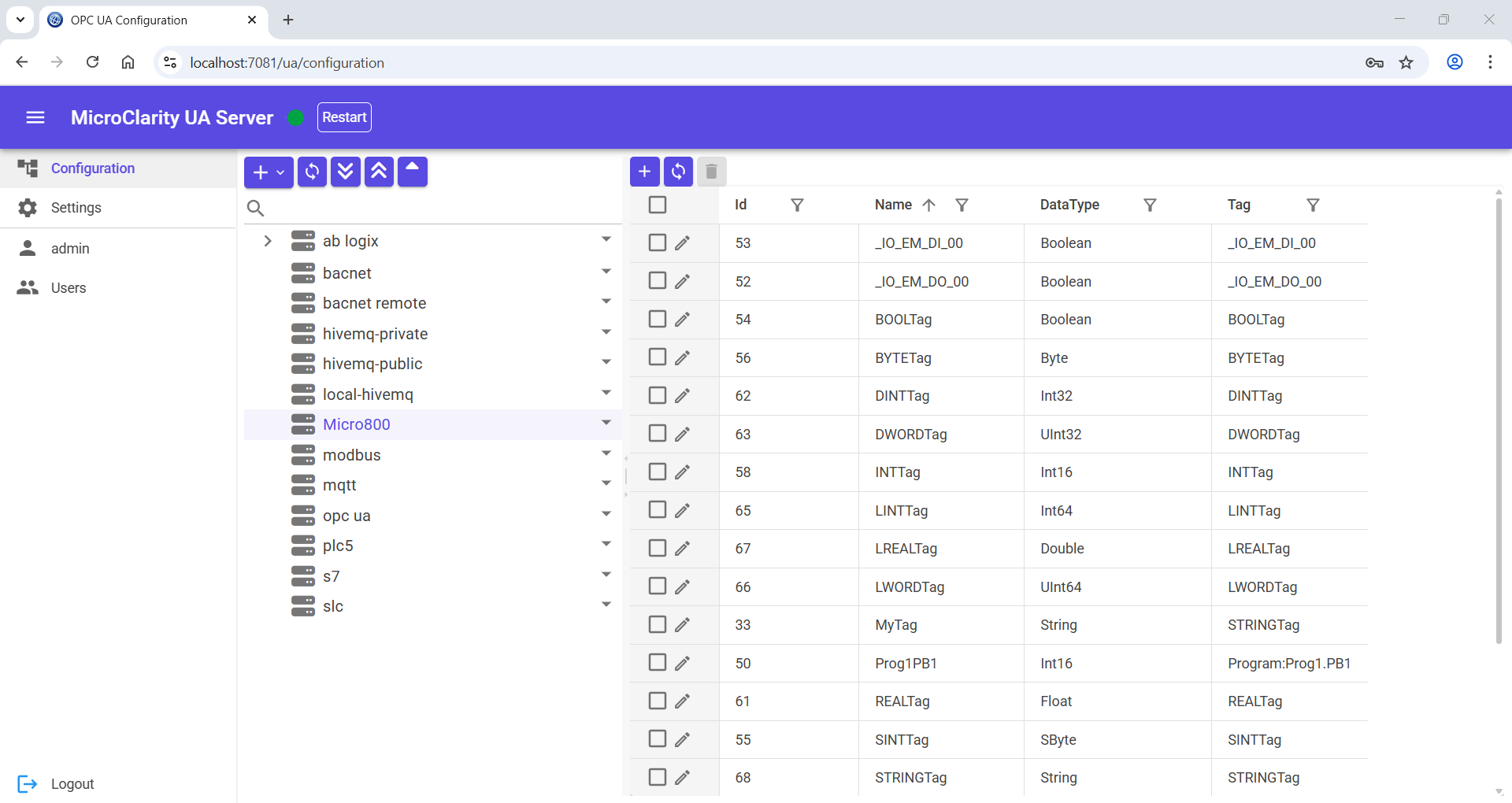 MicroClarity OPC UA Server